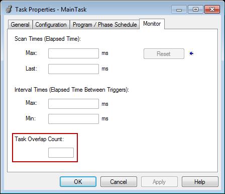 Manage Tasks Chapter 1 2. On the Task Properties dialog box, click the Monitor tab. The Task Overlap Count shows the number of overlaps since the counter was last reset. 3. Click OK.
