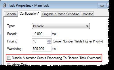 Manage Tasks Chapter 1 Manually Configure Output Processing Follow these steps to manually configure output processing. 1. In the Controller Organizer, right-click MainTask and choose Properties.
