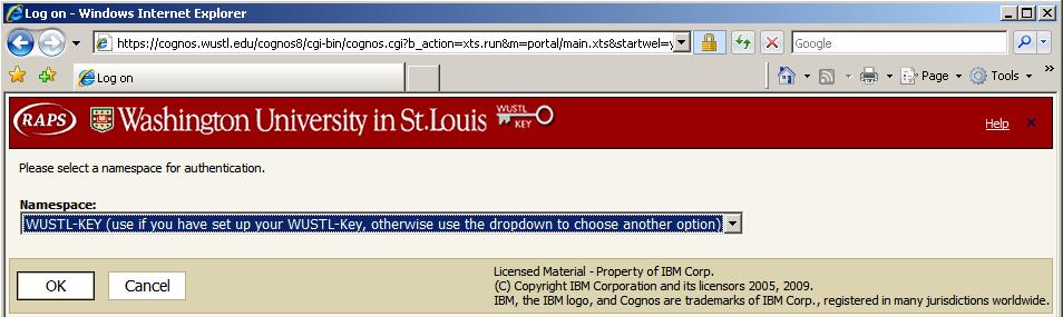 The Cognos Application Website displays. Enter your User ID. This is your WUSTL-KEY. Press TAB, enter your WUSTL-KEY password, and press OK.