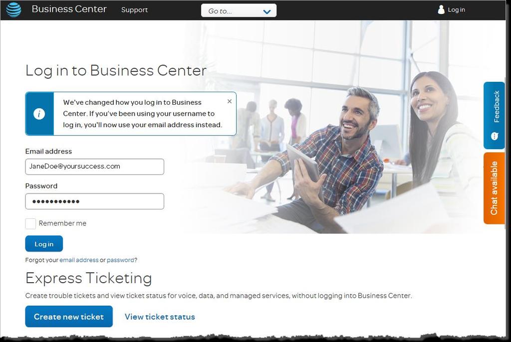 Log in to Business Center To access Collaborate, log in to Business Center with your email address and