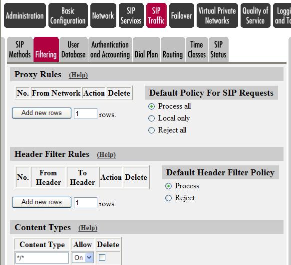 5.2.5 SIP Traffic Filtering 1. Under Proxy Rules, change the Default Policy for SIP Requests to Process All. 2. Content Type: Add */* and Allow - ON 5.2.6 SIP Traffic User Database Configure an account with details as provided from the ITSP.