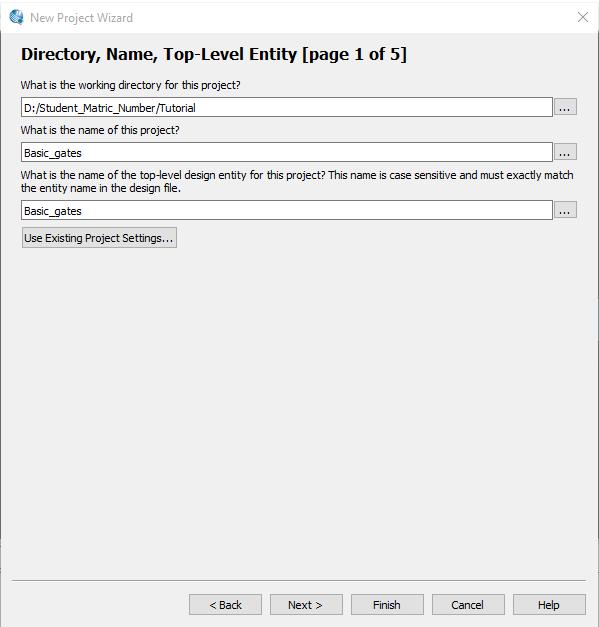 A3. Page 1 of 5 in the New Project Wizard requests your working project folder, project name and top-level design entity name. Fill in the required fields as in the following figure.