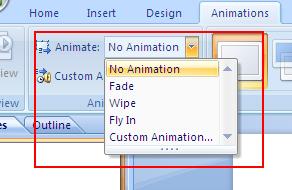 With the object on your slide selected single click to choose the Animate: drop-down menu and choose your animation style.