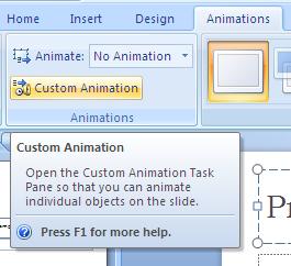 Once your object has been selected single click to select the Animations tab and choose the Custom