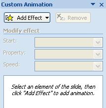 Once you click on the Custom Animation button you should see the following Custom Animation window appear