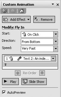 -The Custom Animation pane appears -Click on the bullet text field on the active slide and click the Add