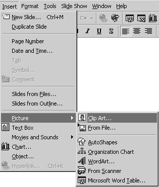 Adding ClipArt to a Slide -There are two ways to add clip art to a slide in PowerPoint: A. Click on the Insert Clip Art button on the toolbar, or choose B.