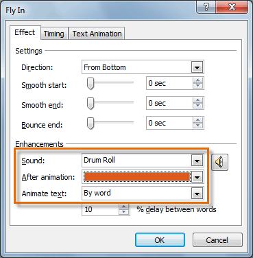 The Effect Options dialog box Some effects have additional options that you can change.