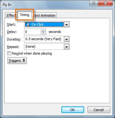 From the Effect Options dialog box, select the Timing tab. Selecting the Timing tab No.