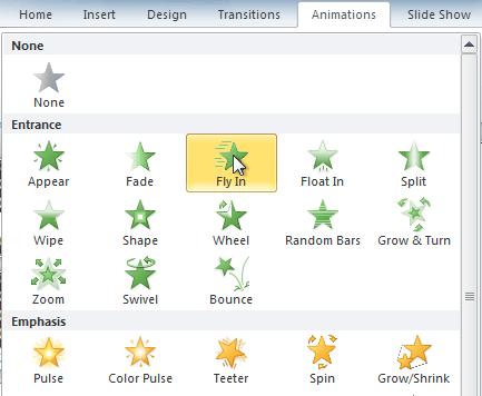 In the Animation group, click the More drop-down arrow to view the available animations.