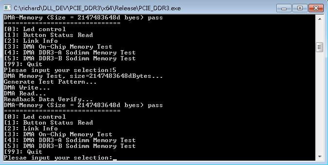 Figure 7-18 Screenshot of On-Chip Memory DMA Test Result 10. Type-4 followed by an ENTERY key to select DMA DDR3-A SODIMM Memory Test item.