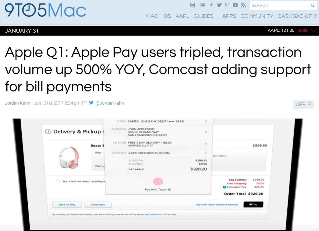 ApplePay is building momentum Transaction volume is up 500% year over year 2 million small businesses and soon Comcast are now accepting invoice payments with