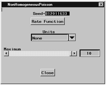 Figure 9.10. Nonhomogeneous Poisson Control Panel In this window you can set two parameters of the process: the rate function and the maximum value that the rate function can take.