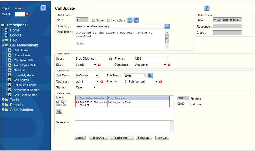 Selecting an email that is a reply to an email that has been sent out from the helpdesk will match the call id in the subject line and create an event on the