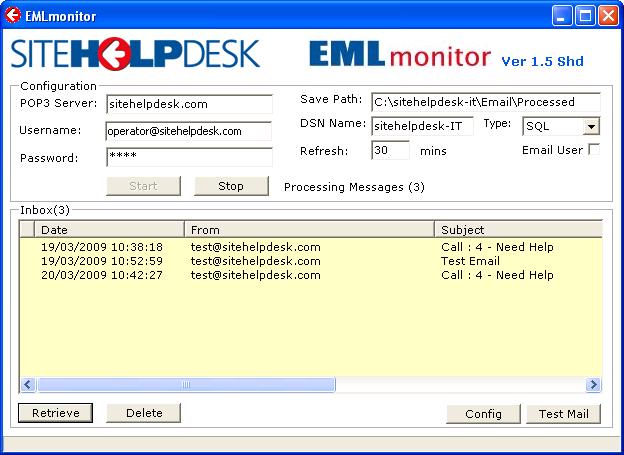8 Automated email checking and Call Generation EMLmonitor.exe can be run interactively or as a Windows service and will automatically create support requests from emails sent to a specific mailbox.