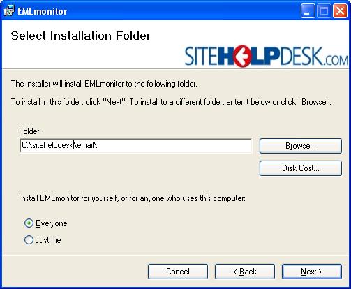 The path defaults to sitehelpdesk\email. Browse if a different installation path is required.