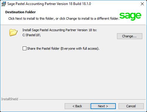 The Destination Folder screen will display: In this screen, you choose where to install Sage Pastel Partner Version 18.