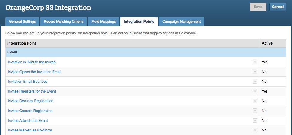Setting Up Salesforce Integration Points Admin > Integrations > Integrations > Salesforce Integration On the Integration Points tab, you can edit the settings of integration points for events,