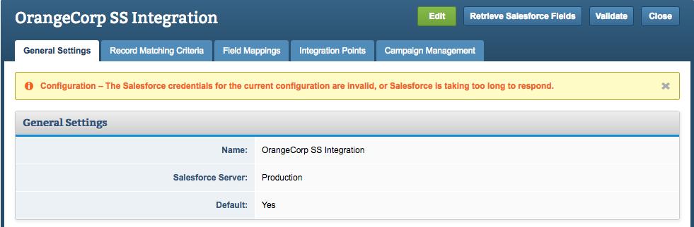 Validating a Configuration Admin > Integrations > Integrations > Salesforce Integration 1. On the Salesforce Integration page, click the name of a configuration. 2. Click Validate.