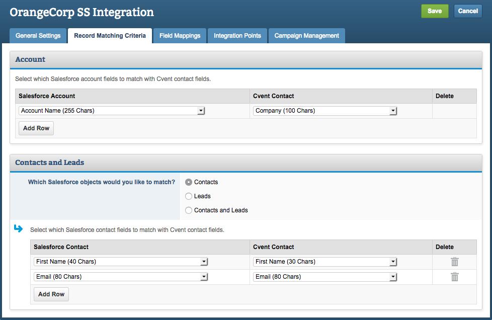 Editing the Record Matching Criteria Admin > Integrations > Integrations > Salesforce Integration On the Record Matching Criteria tab, you can select which fields will be used to match Salesforce