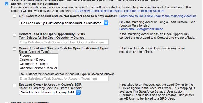 Changes in Marketo If you are checking any of the options to Convert Lead in RingLead, be sure the New Contact at Matching Account setup has been