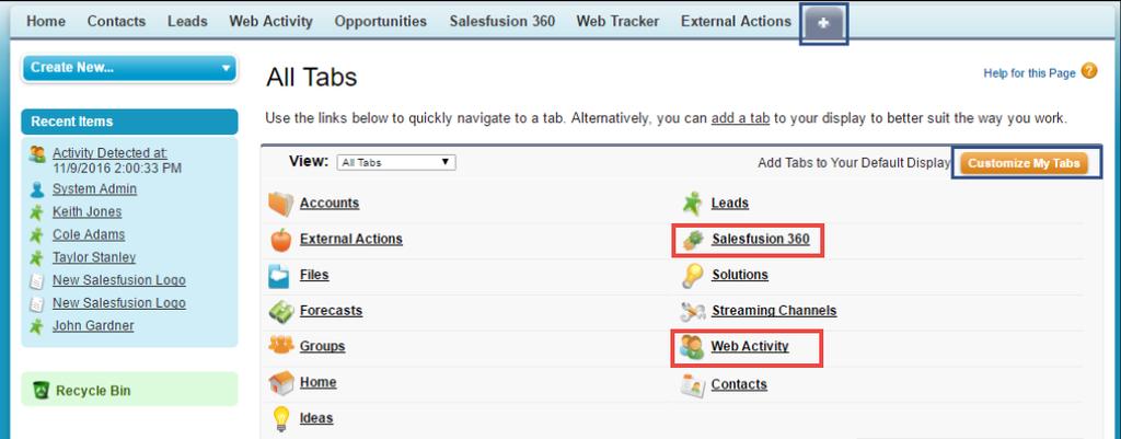 Salesfusion Tabs The Salesfusion bundle installs a few tabs which can be hidden\shown, depending on what is desired.
