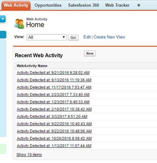 Web Activity This will allow you to see recent web activity that has been pushed into Salesforce.