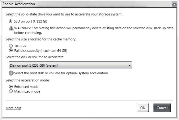 3. When the window Enable Acceleration displays, select the cache memory size and the