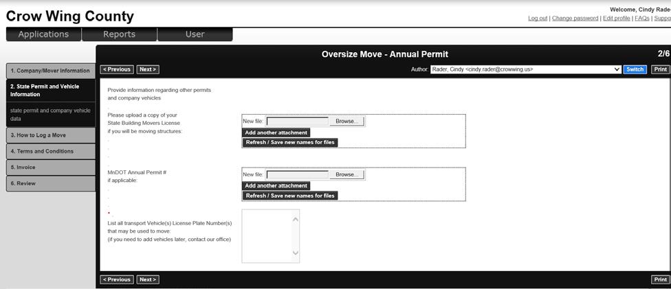 1. Company/Mover Information fill in fields as requested then click Next at