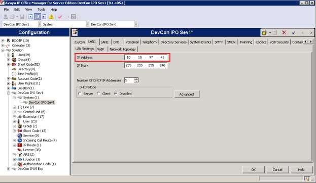 5.3. Obtain LAN IP Address From the configuration tree in the left pane, select DevCon IPO Sev1 System (1) to display the DevCon IPO Sev1 screen in the right pane, where DevCon IPO Sev1 is the name