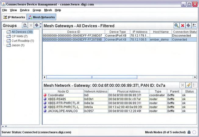 Use Digi Connectware Manager ZigBee Networks View The Mesh Networks device management view of Digi Connectware Manager allows for displaying devices in their ZigBee network, including their node ID,
