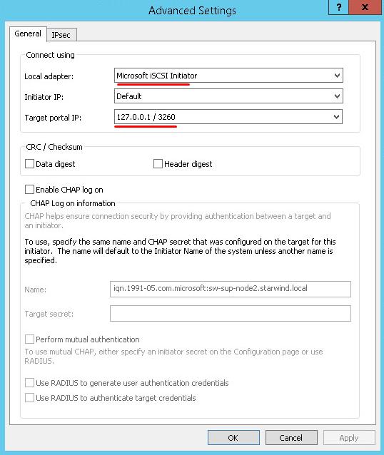 0.1 in the Target portal IP and Microsoft iscsi