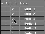 - 43 - Checking your MIDI Setup 1. Select a MIDI Track by clicking on its name in the Track list (to the left in the Arrange window). MIDI Tracks are indicated by the note symbol in the C column. 2.