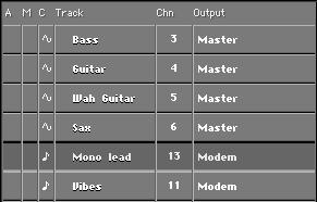 - 49 - Activating the MIDI Tracks The four Tracks at the bottom do not play audio but MIDI. You can see this by checking the C column for each Track.