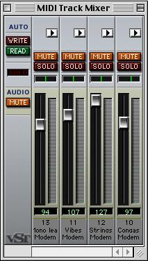 - 51-7. Select MIDI Track Mixer from the Panels menu. A window with faders, meters and other controls opens.