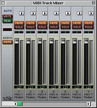 - 75 - Setting levels While you can set volume, pan, etc. from the Inspector, it is much easier to do this from the MIDI Track Mixer: 1. Pull down the Panels menu and select MIDI Track Mixer.