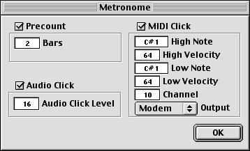 These settings are made in the Metronome dialog, opened from the Options menu, or by double-clicking the Click button: The Precount section Activate this if you want a