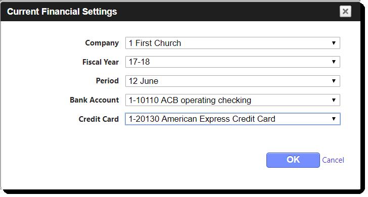 Financial Settings Important! The current financial settings control transactions along with most reports. This must be set by each user.