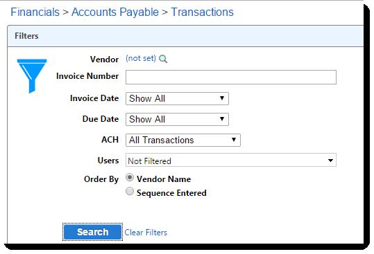 Once the Transaction is Updated in the previous steps, the following search (filter) appears.