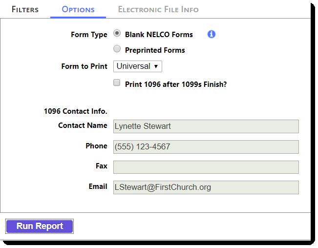To run 1099s you can choose to Print, Use EFile Service *, or Electronic Submission. In this exercise we ll choose to Print using the Universal Form on Blank Nelco Forms. On the Report Filters Tab: 1.