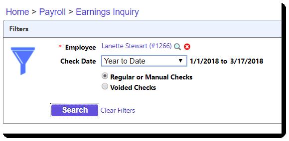 Exercise: View a Detail Earnings Inquiry 1. From Payroll choose View -> Earnings Inquiry. 2.