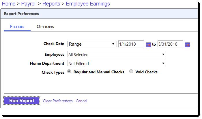 Exercise: Run Employee Earning Report and Export to Excel 1. From Payroll choose Reports -> Employee Earnings 2. Select the Range 1/1/2018 to 3/