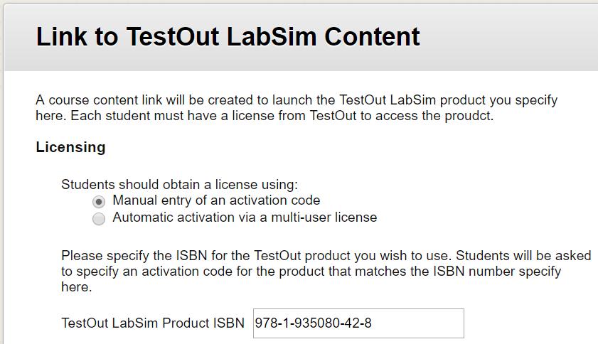 12 Licensing Under the Licensing section, the Admin/Instructor determines how students will gain access to TestOut LabSim.
