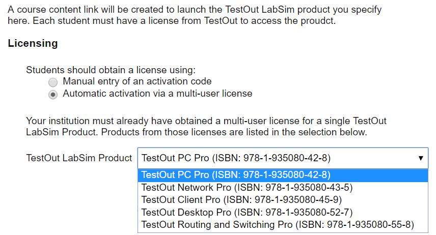If this option is selected, the Admin/Instructor must manually type in the ISBN for the product they are using for this course in the box below.