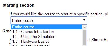 13 Starting Section You can determine where your students are directed within the LabSim course by picking a section from the dropdown.