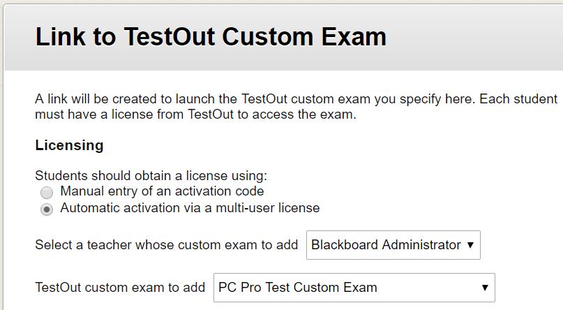 16 ADDING A LINK TO A CUSTOM EXAM On the Content screen, find and click the Tools dropdown. Select TestOut Custom Exam from the list.