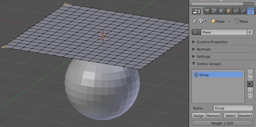 Now select the Sphere and add Collision to it in the Physics panel. In the Physics panel, add a Cloth effect to the Plane.