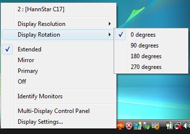 DISPLAY ROTATION 4 options available: 0, 90, 180, 270 under the Extended or Primary display modes. It is a useful function for some rotatable display device.
