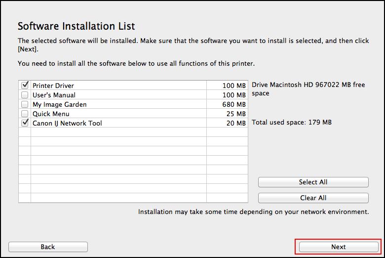 Continue following on-screen instructions. On the Software Installation List, select *software to install and click Next.