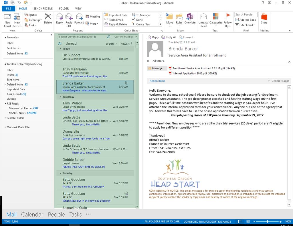 OUTLOOK MAIN WINDOW Mail: E-mail Listing Panel - Shows contents of e-mail boxes selected from the Box Selection Panel - Can be sorted by date, manually